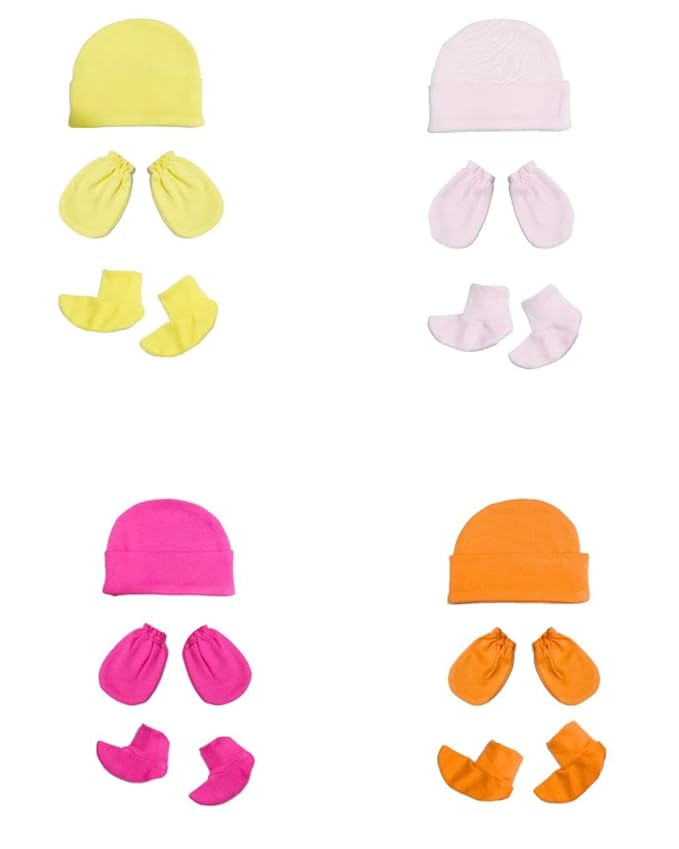 Rosa Mystica New Born Baby Infant Soft Cotton Mitten Sets with Cap and Booties (Set of 4, Multi Color)