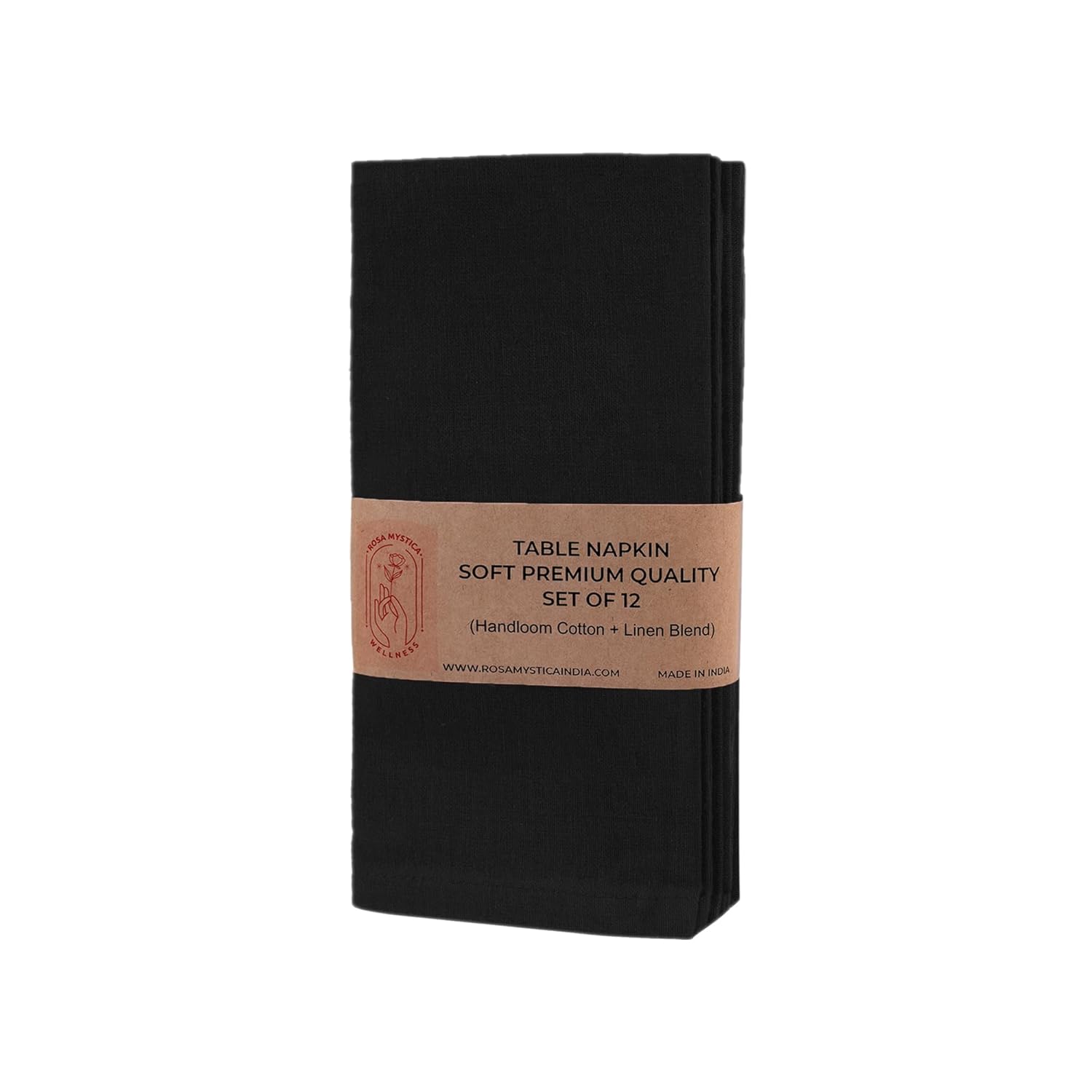 Rosa Mystica Cloth Napkins 18x18 Inches, 85% Cotton 15% Linen Dinner Napkins with Hemmed Edges, Washable Napkins Ideal for Parties, Weddings and Dinners (Black, Pack of 6)