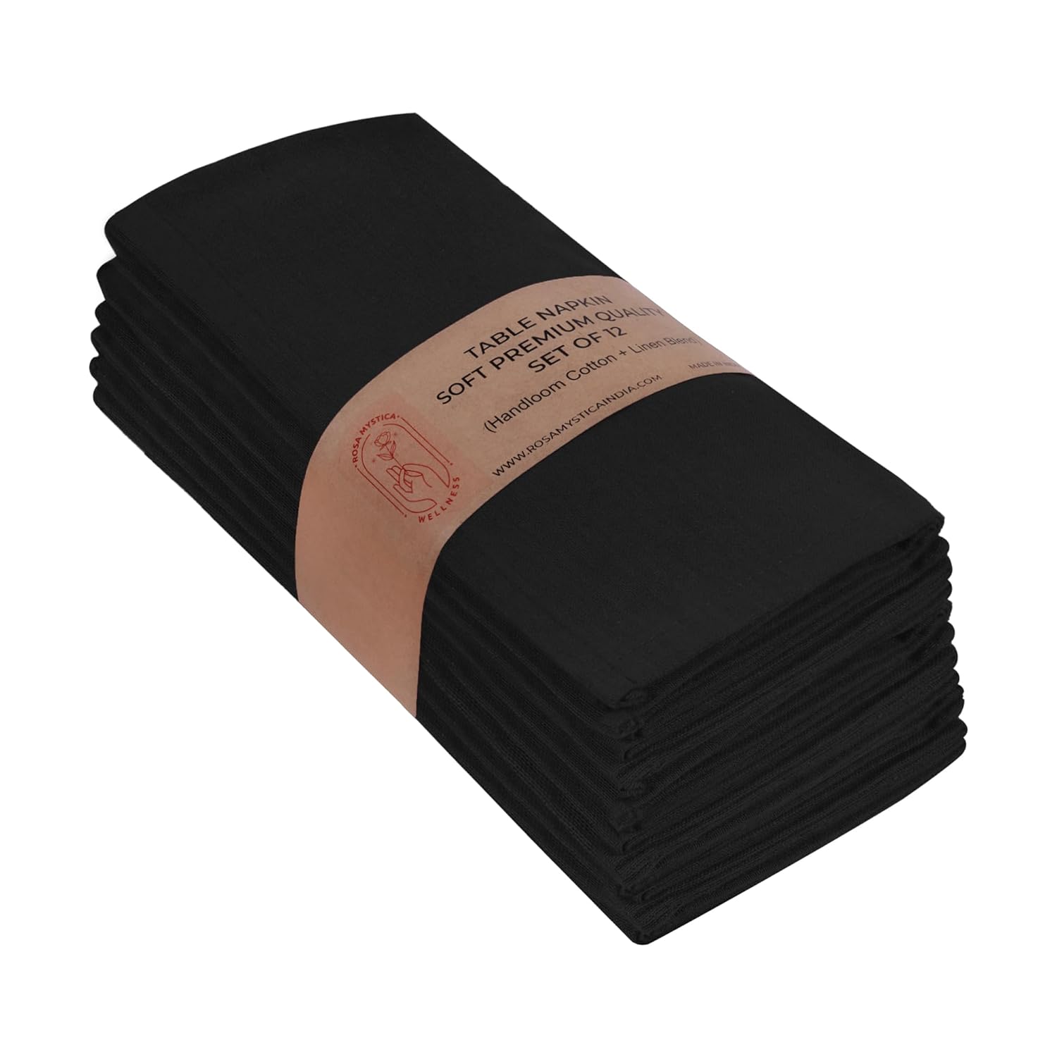 Rosa Mystica Cloth Napkins 18x18 Inches, 85% Cotton 15% Linen Dinner Napkins with Hemmed Edges, Washable Napkins Ideal for Parties, Weddings and Dinners (Black, Pack of 6)