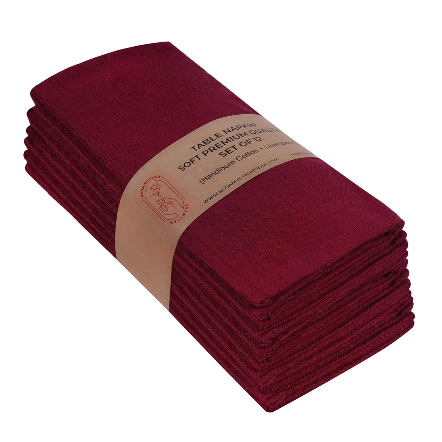 Rosa Mystica Cloth Napkins 18x18 Inches, 85% Cotton 15% Linen Dinner Napkins with Hemmed Edges, Washable Napkins Ideal for Parties, Weddings and Dinners (Burgundy, Pack of 6)