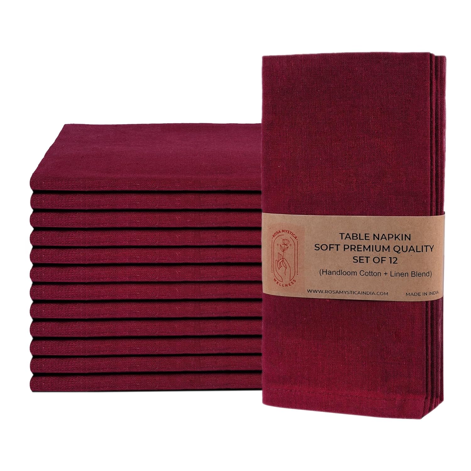 Rosa Mystica Cloth Napkins 18x18 Inches, 85% Cotton 15% Linen Dinner Napkins with Hemmed Edges, Washable Napkins Ideal for Parties, Weddings and Dinners (Burgundy, Pack of 6)