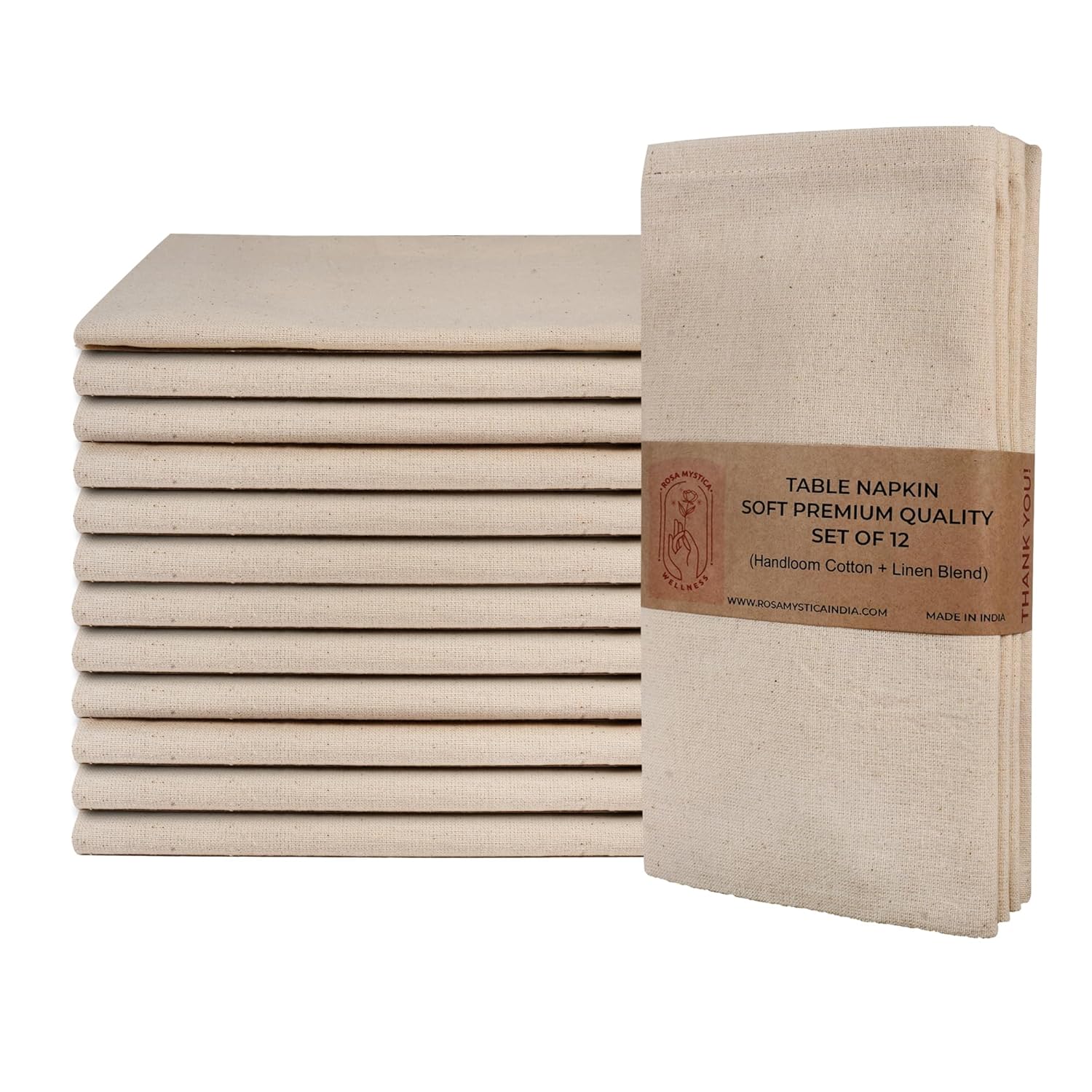 Rosa Mystica Cloth Napkins 18x18 Inches, 85% Cotton 15% Linen Dinner Napkins with Hemmed Edges, Washable Napkins Ideal for Parties, Weddings and Dinners (Natural, Pack of 6)