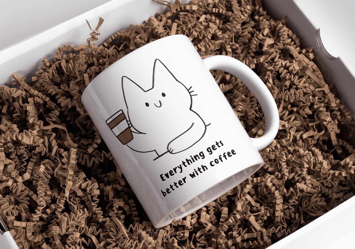 Rosa Mystica Cute Cat Printed Coffee Mug/Cup (Everything Gets Better with Coffee Quote Print) Ceramic Mug 300 ml - White