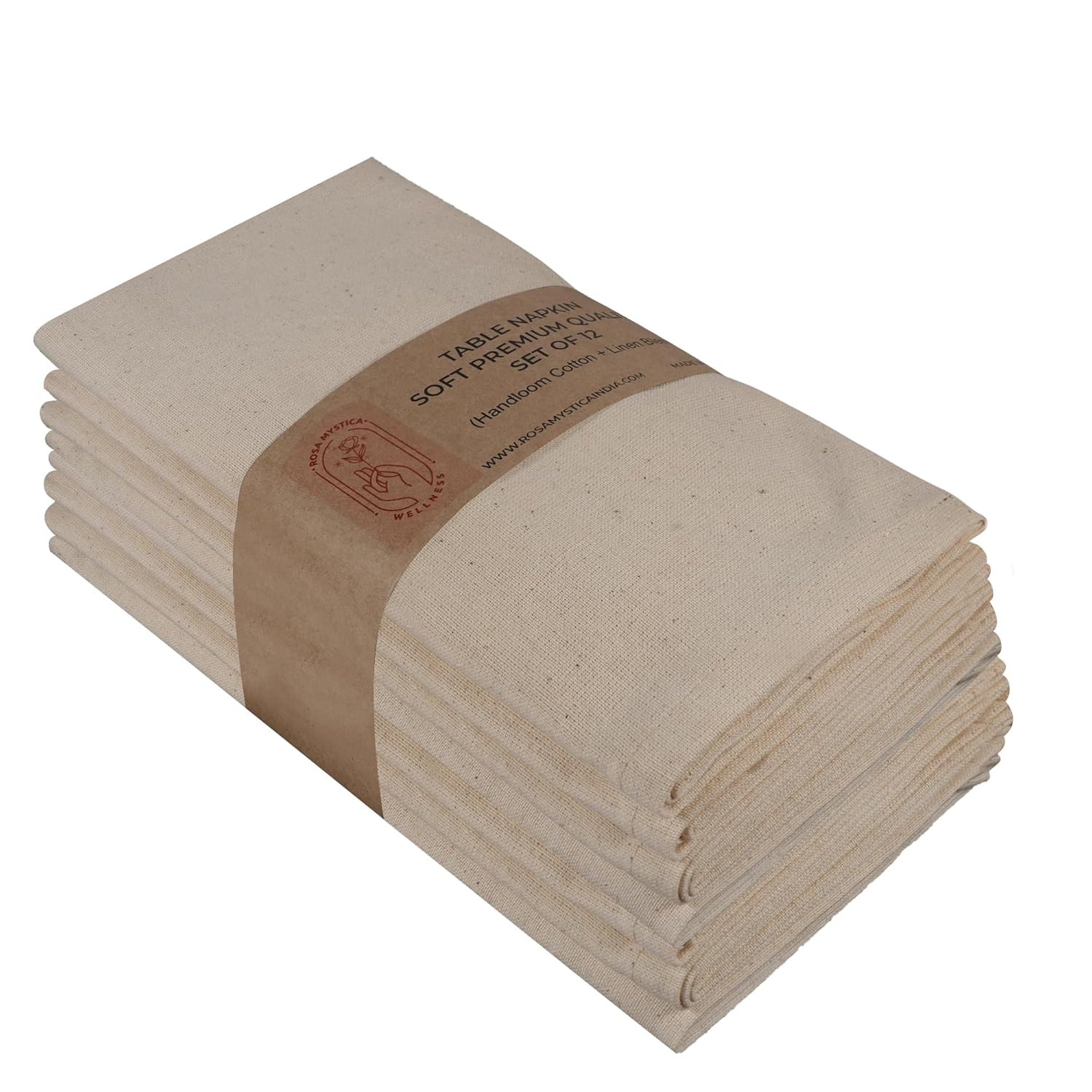 Rosa Mystica Cloth Napkins 18x18 Inches, 85% Cotton 15% Linen Dinner Napkins with Hemmed Edges, Washable Napkins Ideal for Parties, Weddings and Dinners (Natural, Pack of 6)