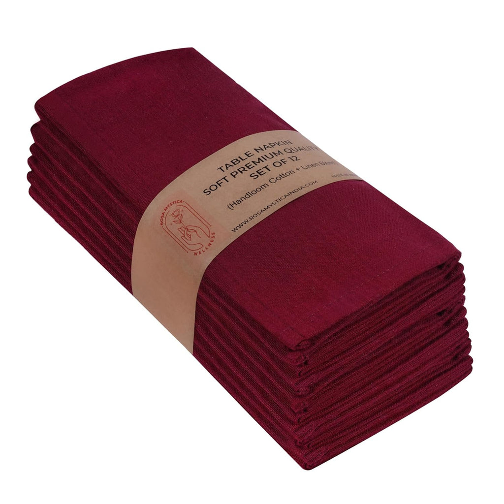 Rosa Mystica Cloth Napkins 18x18 Inches, 85% Cotton 15% Linen Dinner Napkins with Hemmed Edges, Washable Napkins Ideal for Parties, Weddings and Dinners (Burgundy, Pack of 6)