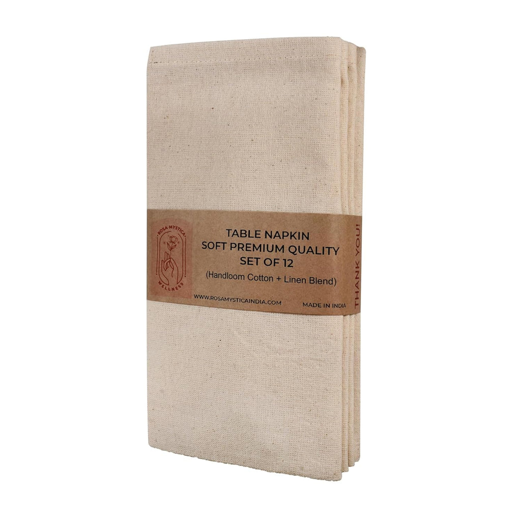Rosa Mystica Cloth Napkins 18x18 Inches, 85% Cotton 15% Linen Dinner Napkins with Hemmed Edges, Washable Napkins Ideal for Parties, Weddings and Dinners (Natural, Pack of 6)