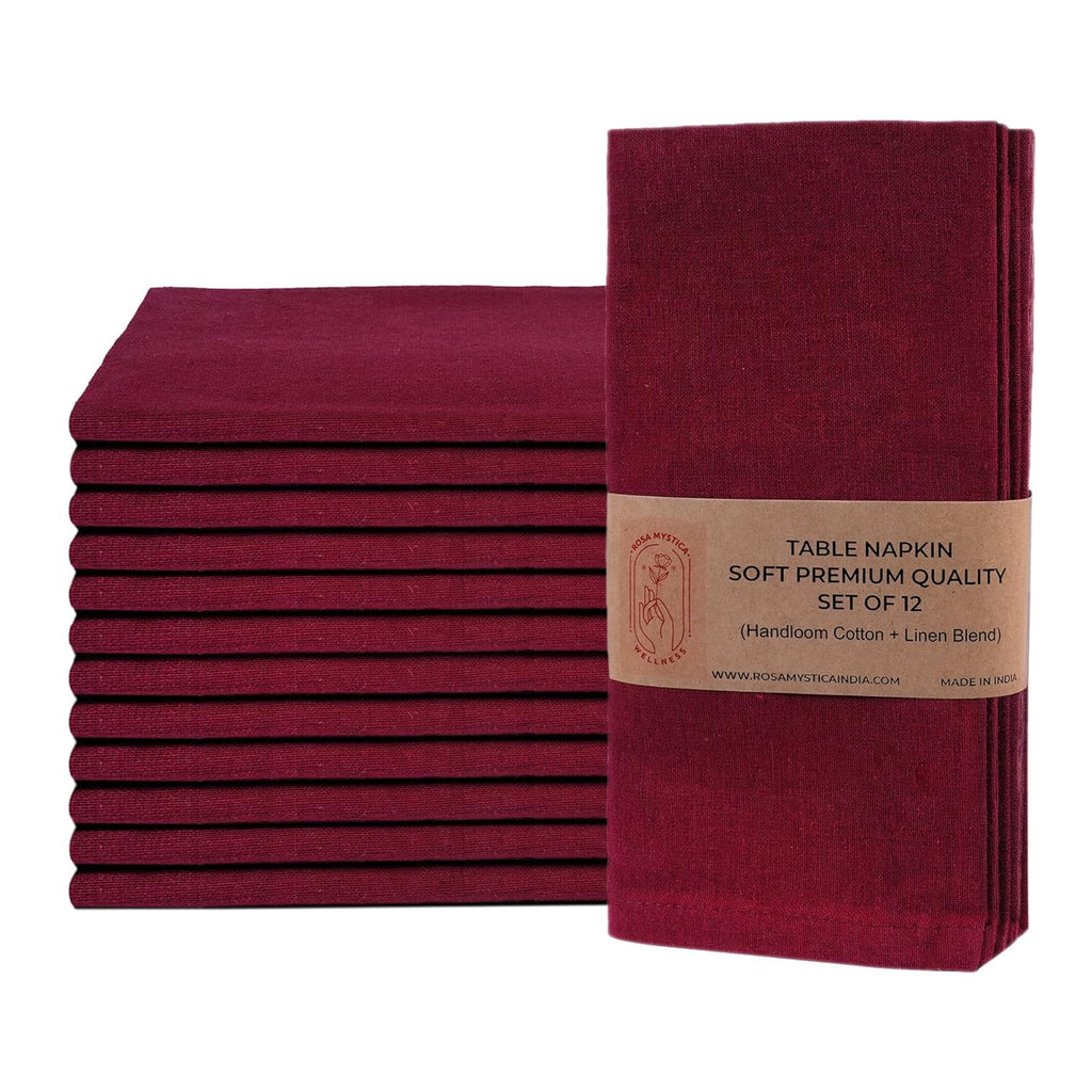 Rosa Mystica Cloth Napkins 18x18 Inches, 85% Cotton 15% Linen Dinner Napkins with Hemmed Edges, Washable Napkins Ideal for Parties, Weddings and Dinners (Burgundy, Pack of 6)