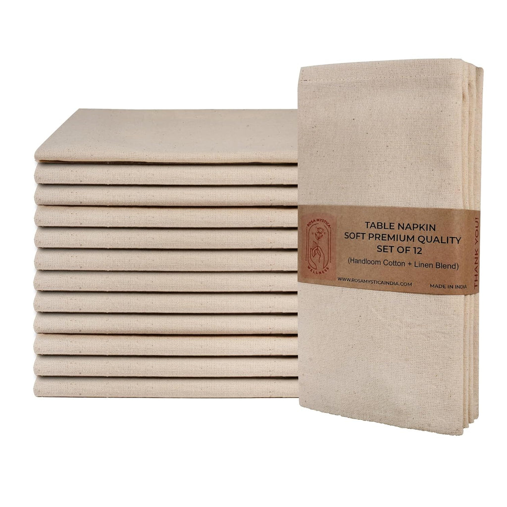 Rosa Mystica Cloth Napkins 18x18 Inches, 85% Cotton 15% Linen Dinner Napkins with Hemmed Edges, Washable Napkins Ideal for Parties, Weddings and Dinners (Natural, Pack of 6)